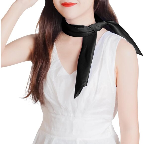 Women Black Chiffon Square Ribbon Neck Scarf Satin Handkerchief For Halloween - Picture 6 of 7